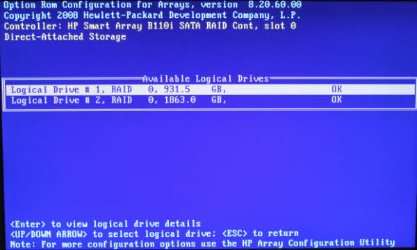HP b110i logical drive configuration