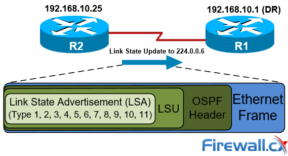 OSPF Link State Update (LSU) packet containing a Link State Advertisement (LSA)